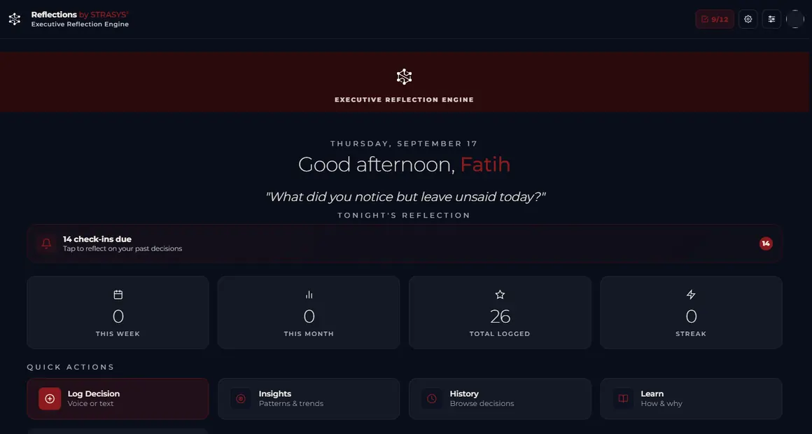 Home screen from the Reflections app