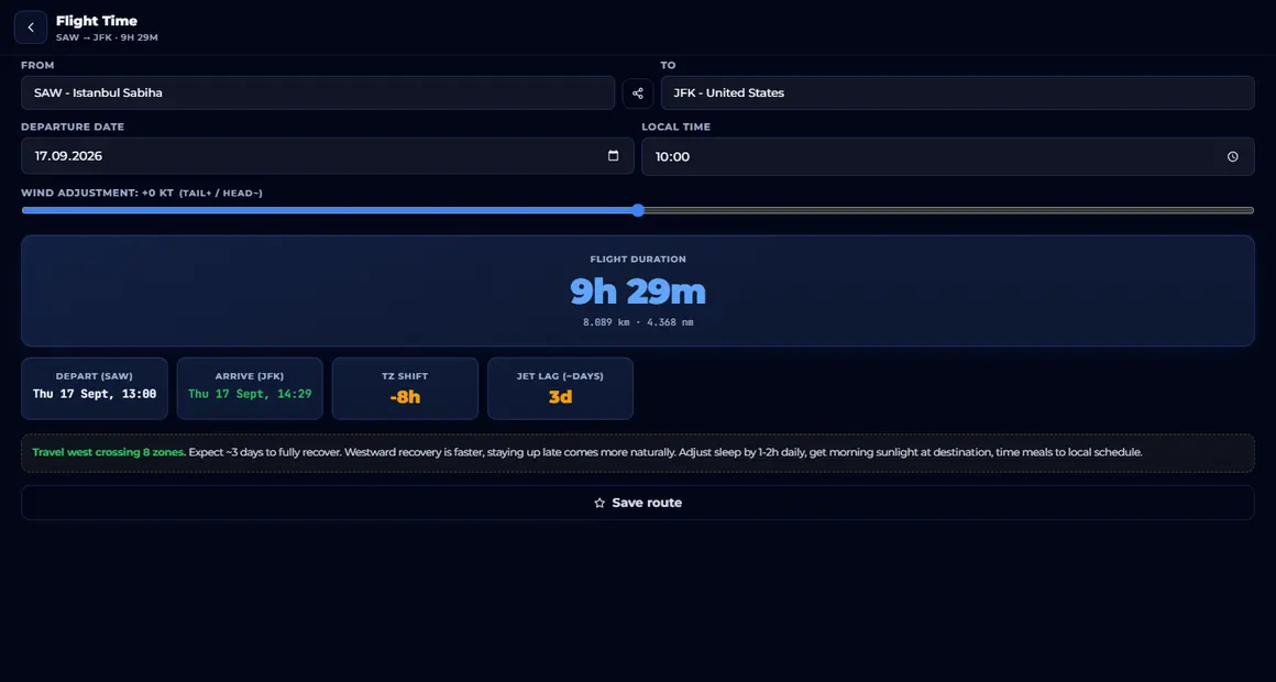 Flight time screen from the Tools app