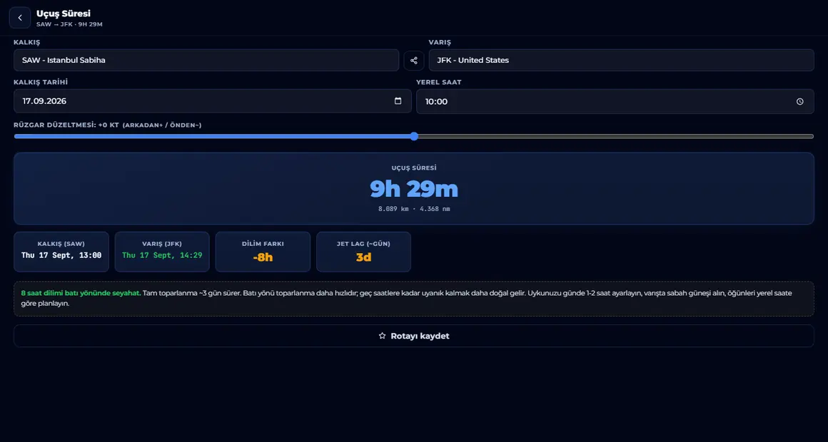 Tools uygulamasından Uçuş süresi ekranı