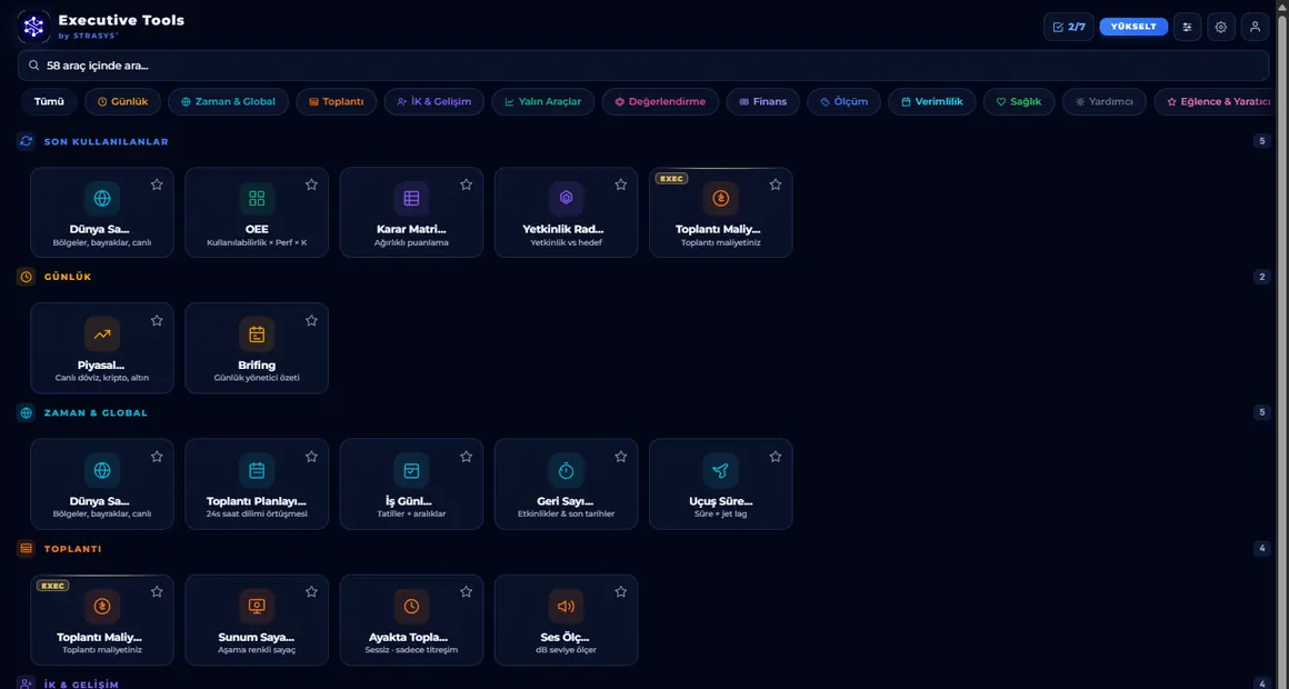 Tools uygulamasından 58 araç ekranı