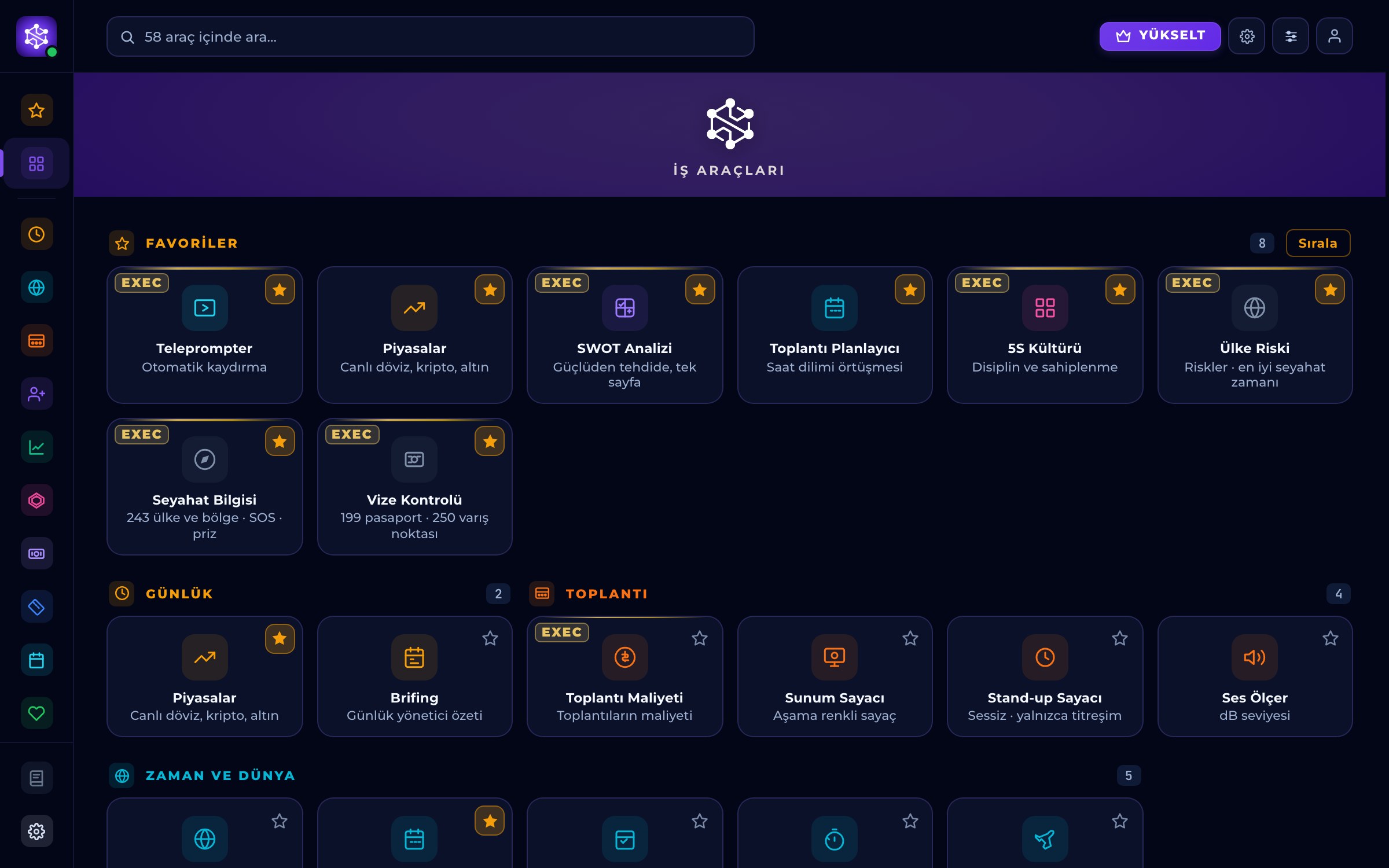 STRASYS Executive Tools masaüstü tarayıcıda, tüm araçlar görünümü